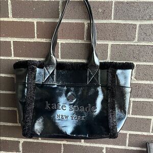 Kate Spade Shiny Black Tote with Faux Shearling